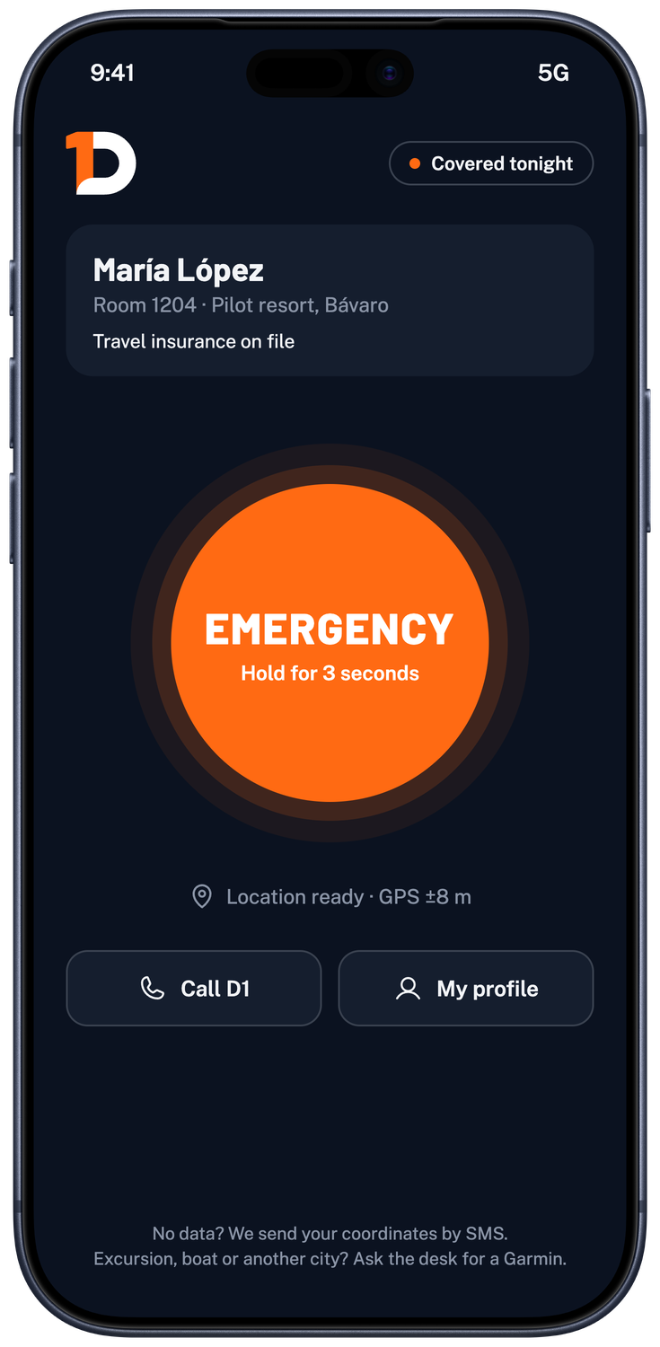 D1 app home screen: guest profile and emergency button