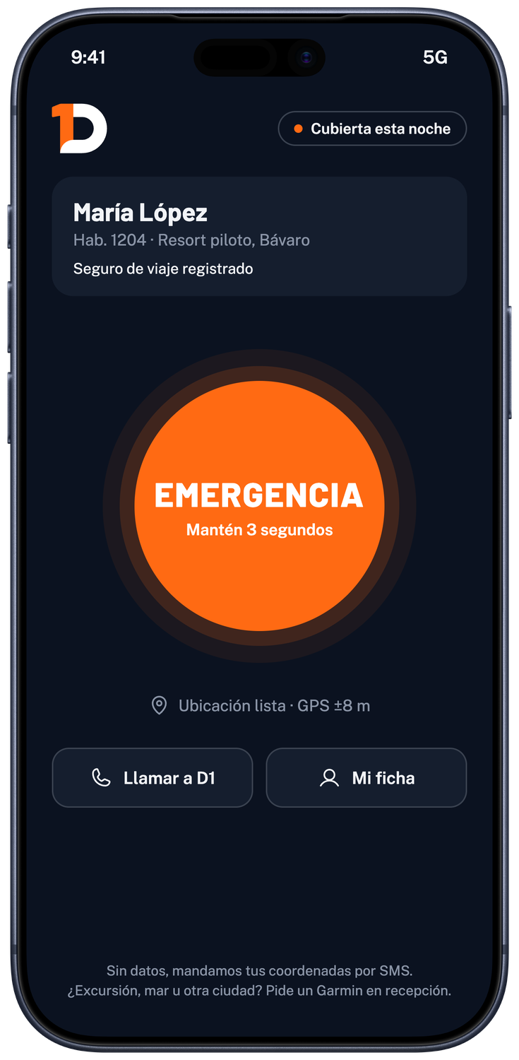 Pantalla principal del app de D1: ficha de la huésped y botón de emergencia